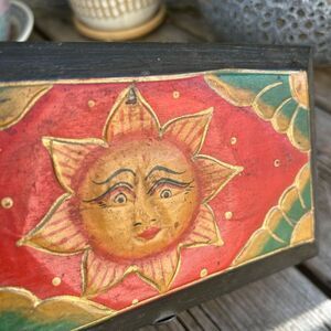 Hand Carved & Painted Celestial Wood Trinket Box Sun Moon Indonesia Vtg 90s